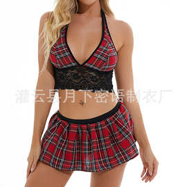 跨境欧美情趣内衣性感女蕾丝格子学生装情趣套装批发
