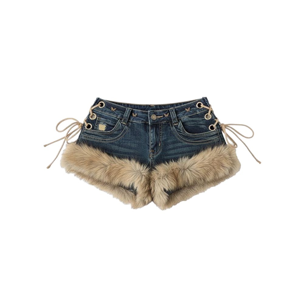 Low-Rise Denim Shorts For Women, Y2K Vintage Frayed Hem Distressed Shorts With Faux Fur Accent, High-Waist Contrast Styling_ecoleips.com