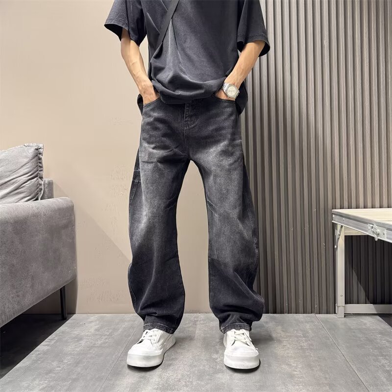 Spring New Style Washed-Out Dark Gray Denim Wide-Leg Pants for Men Spring New Style Washed-Out Dark Gray Denim Wide-Leg Pants for Men