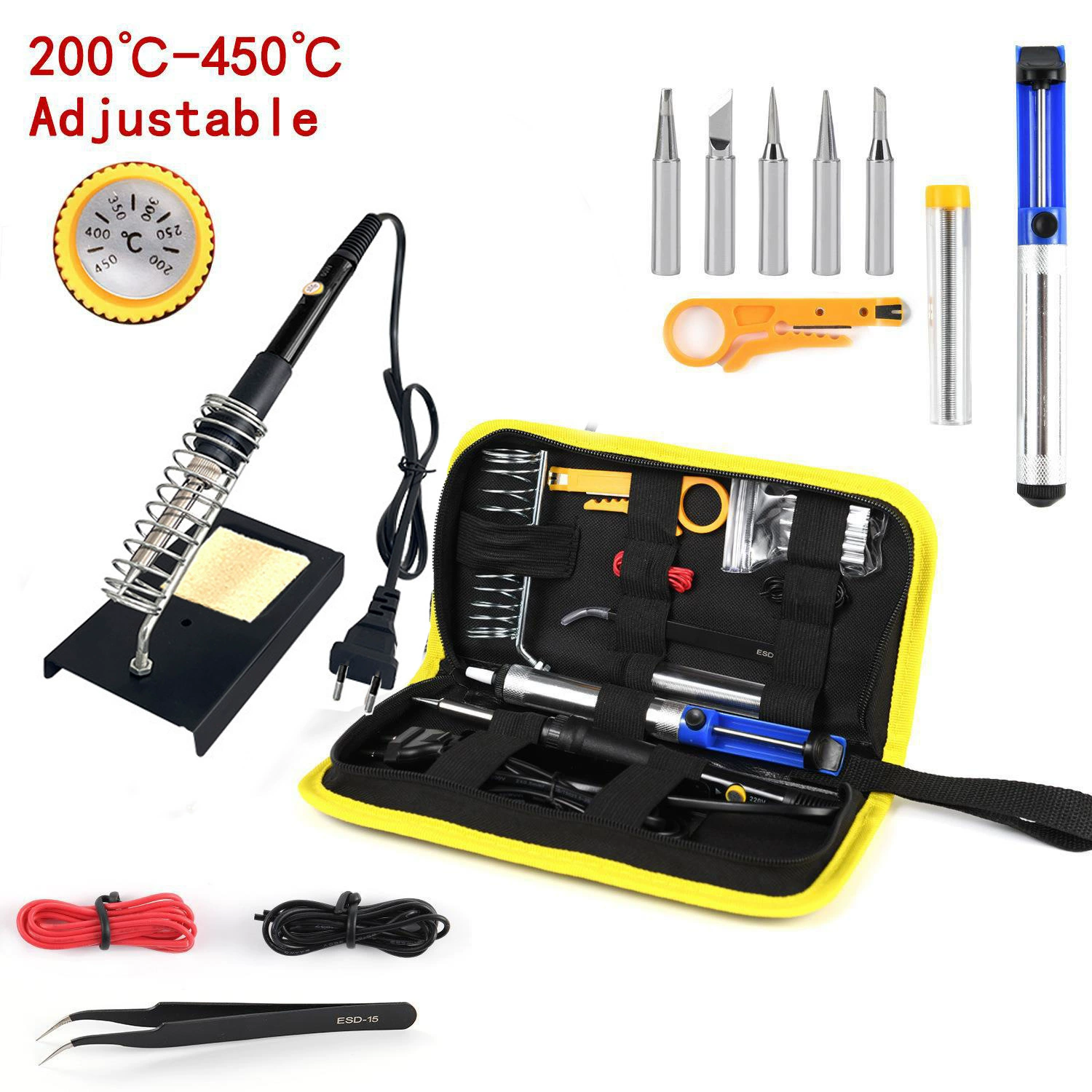 Электрический паяльник с регулируемой температурой, 60 Вт, набор сварочных инструментов, набор паяльников из 15 предметов, 200-450 ℃ Регулируемое транскордонное место