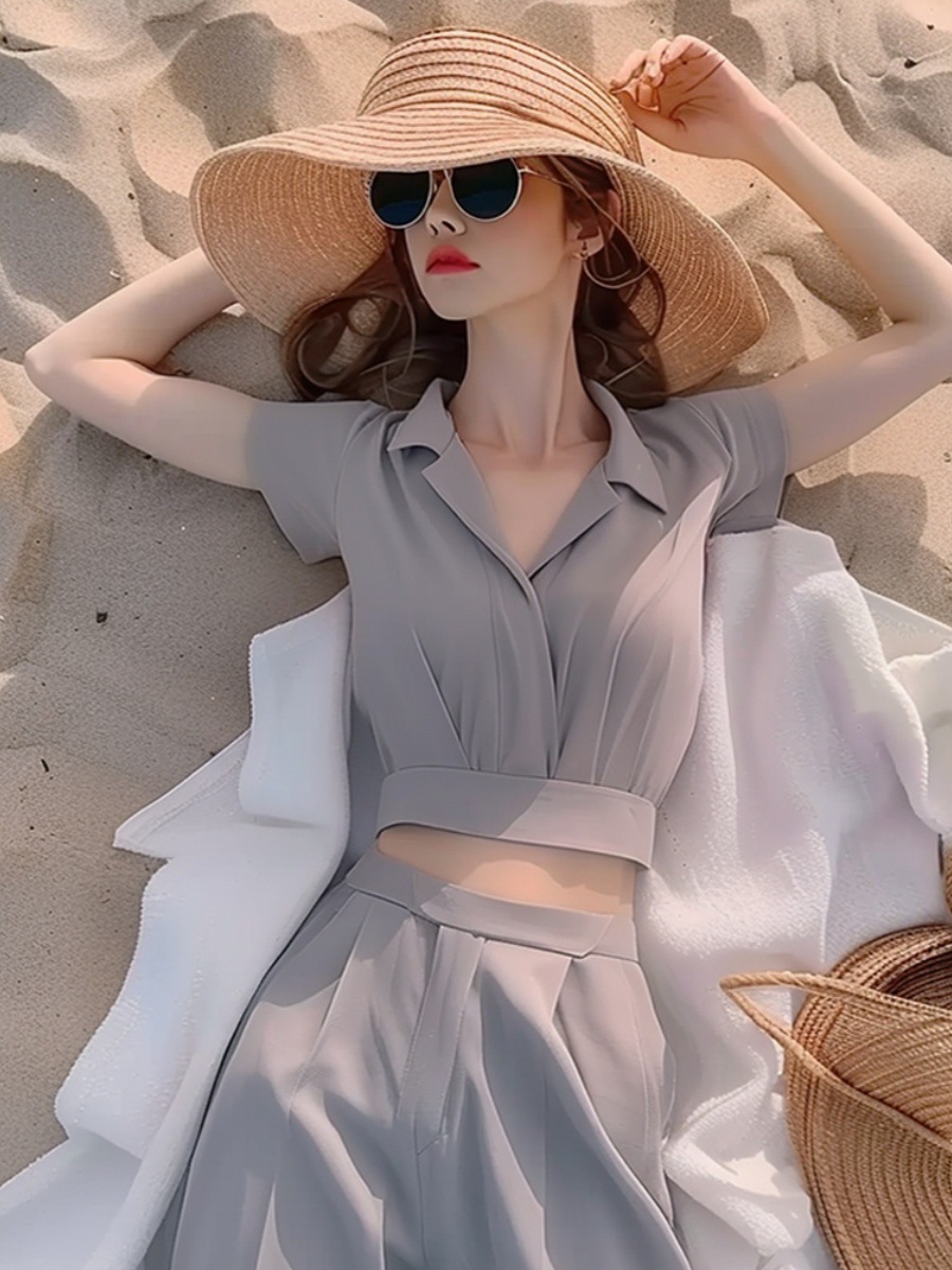 Bộ áo sơ mi nữ tay dài màu xám phối quần ống rộng thanh lịch — màu xám, đỉnh đơn chi tiết 7