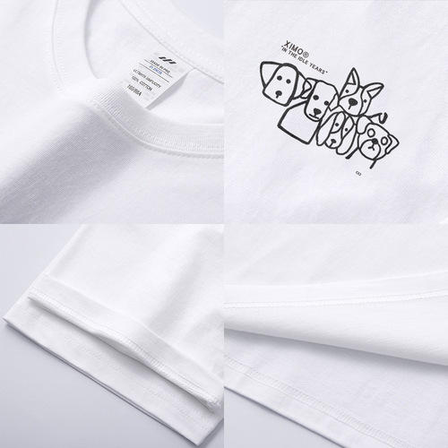 Commuting Line Small Dog Short Sleeve Versatile T-Shirt for Men and Women, Couple Summer Print Fashion Loose Round Neck Top, Ins Style White