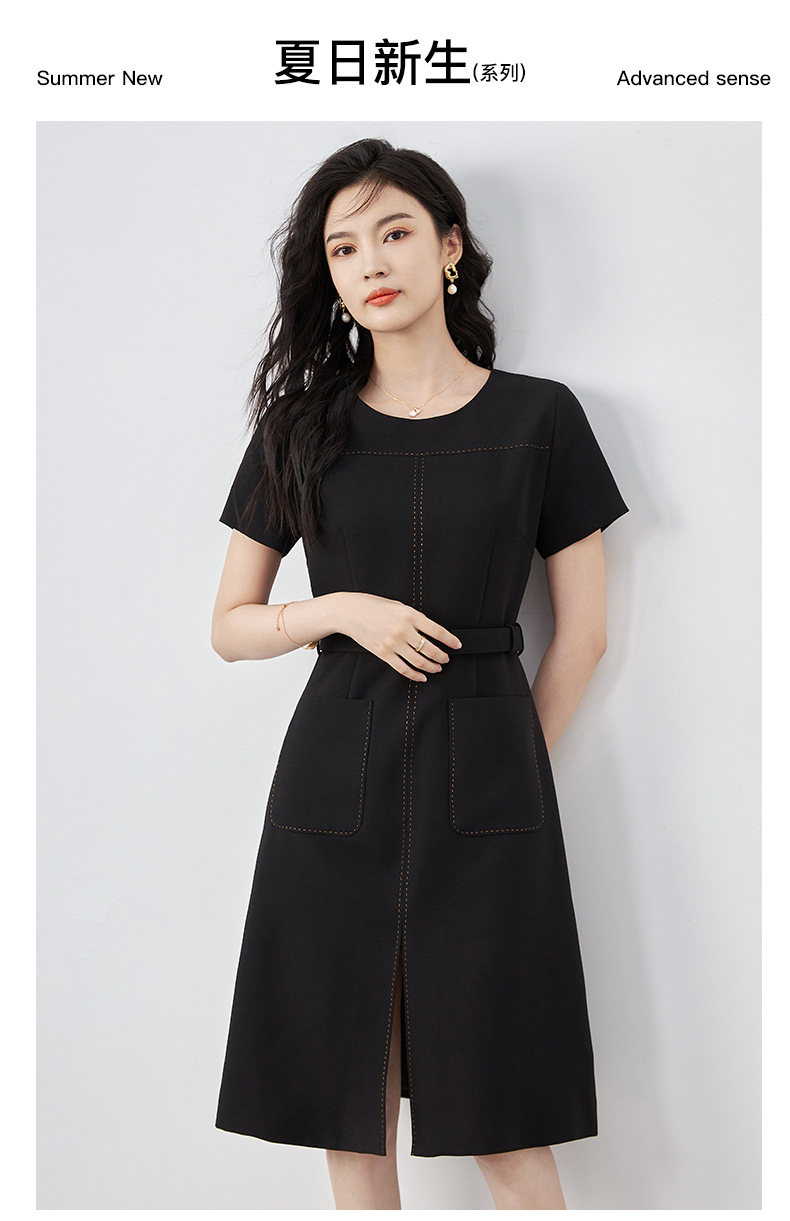 Đầm suông nữ midi che khuyết điểm eo, phong cách đi làm — Màu đen chi tiết 3