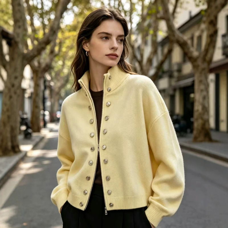 New cross-border double-breasted stand-up collar zippered knitted cardigan for women, autumn and winter solid color sweater coat, loose short top New cross-border double-breasted stand-up collar zippered knitted cardigan for women, autumn and winter solid color sweater coat, loose short top