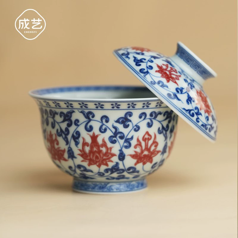 成艺工坊 Underglaze red underglaze color hovering large covered bowl tea bowl ceramic master cup tangled twig lotus tea set live broadcast room