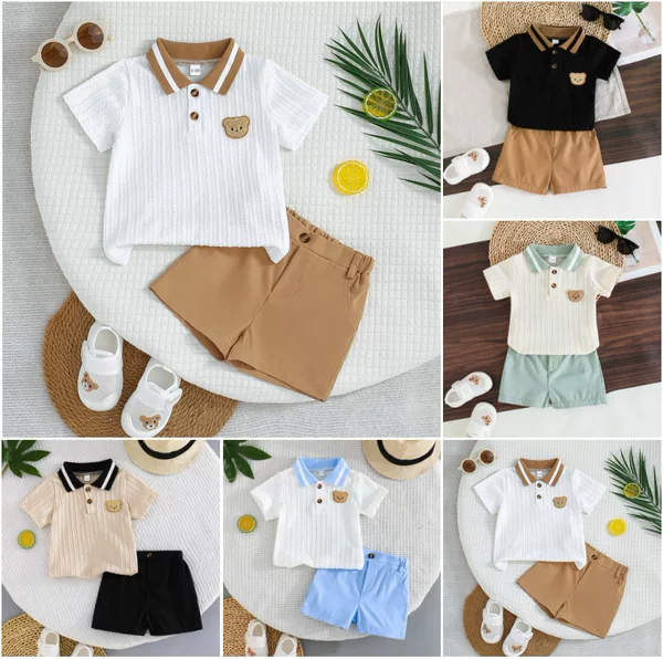 2025 Cross-Border Exclusive Baby and Kidsren Spring and Summer Suit Short-Sleeved Polo Shirt + Brown Shorts Fashionable Casual Two-Piece Set