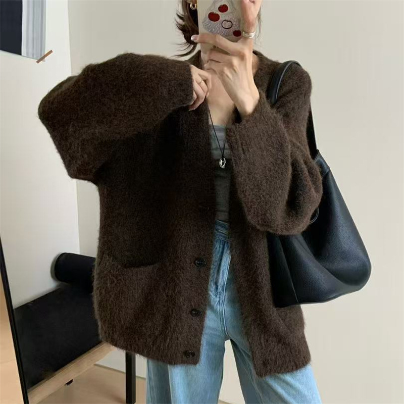 Korean Style Lazy Style Soft Waxy Sweater Jacket for Women 2025 Autumn and Winter Loose Large Version Thickeneded Western Style Knitted Cardigan Outer Wear