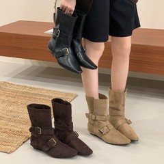 2025新款尖头两穿磨砂翻盖西部牛仔靴女粗跟中筒骑士女靴马丁靴