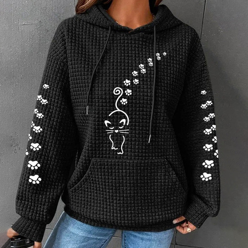 Winter and Spring Women's Checked Hooded Long-Sleeve Cartoon Print Sweatshirt Loose European and American EU Size