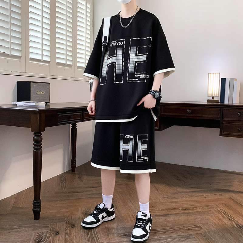 2025 New Summer Casual Suit Men's Short-Sleeved Shorts Loose Sports Men's High Street Handsome Sports Two-Piece Set 2025 New Summer Casual Suit Men's Short-Sleeved Shorts Loose Sports Men's High Street Handsome Sports Two-Piece Set