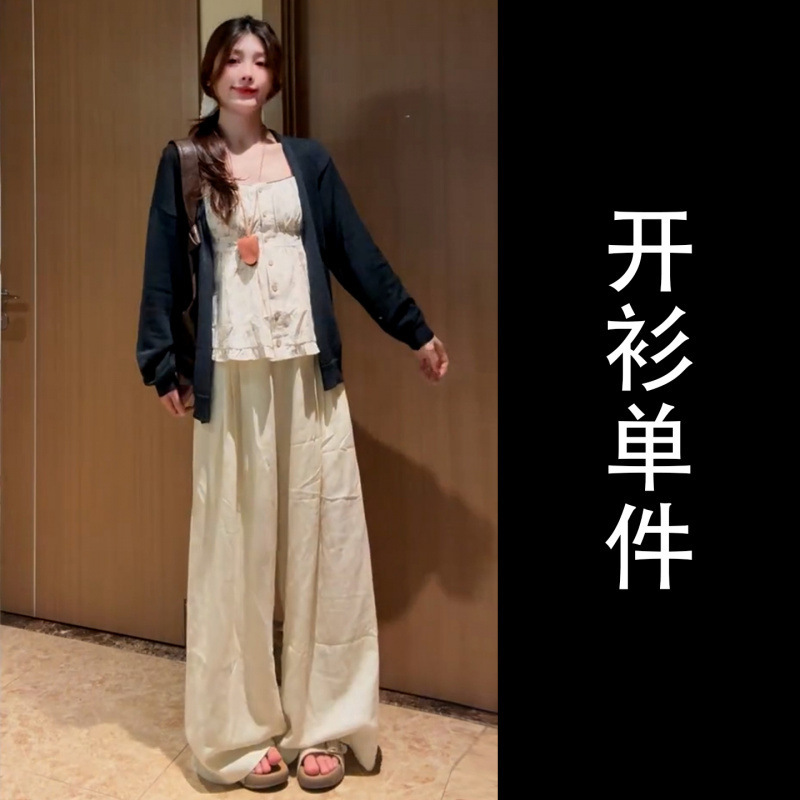 早秋韩系休闲穿搭一整套女夏季2025新款显瘦黑色开衫碎花吊带套装|undefined