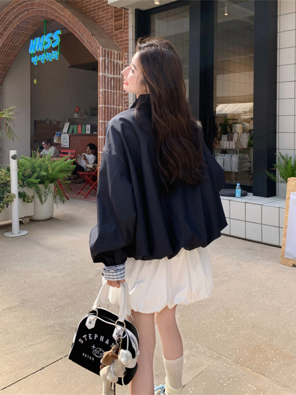 假两件休闲格纹拼接藏蓝色短外套女春秋2025新款巨好看小个子夹克|undefined