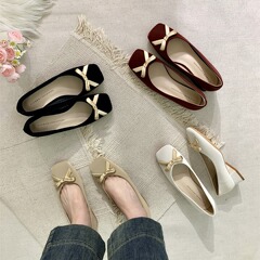 復古溫柔蝴蝶結淺口單鞋黑色氣質中跟高跟鞋春夏法式仙女風女鞋子