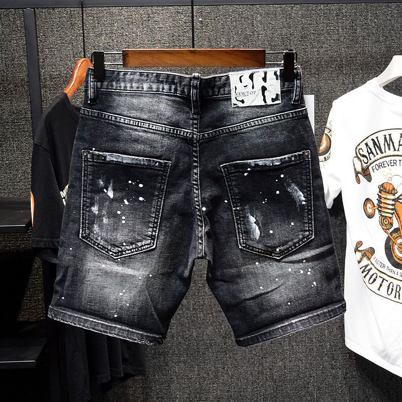 Men's Slim Fit Denim Shorts Trendy Stylish Spray Paint Ripped Patched Black Stretch Summer Five Point Pant_mkmklike.com