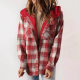 2024 European and American Amazon Autumn and Winter Women's Plaid Jacket Long Sleeve Fluffy Hooded Jacket Jacket with Pocket
