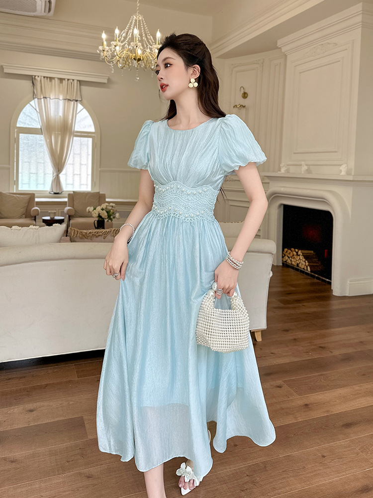 Đầm maxi nữ tay phồng thắt eo đính cườm dài qua gối — màu xanh