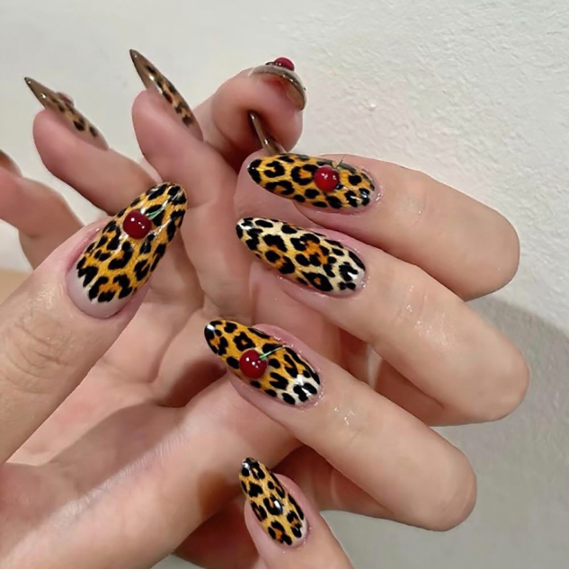 Autumn and Winter Cross-Border Hot-Selling Leopard Print Wearable Manicure Short Almond-Shaped 3D Stereo Cherry Nail Pieces Wholesale