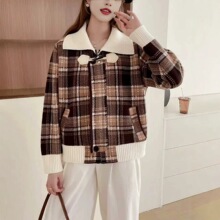 2026秋冬新款撞色格子翻领针织双面呢开衫女气质小香风毛衣外套潮