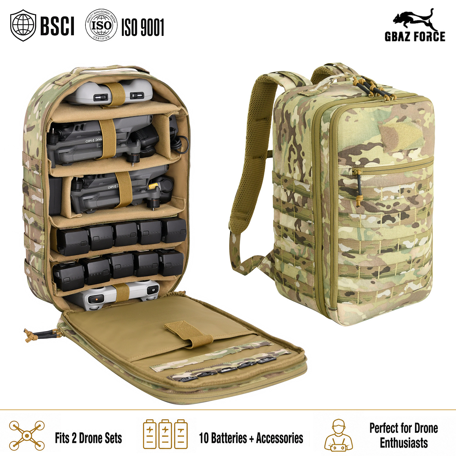 Cross-border in-stock 500D nylon molle outdoor gear drone backpack for storing 2 sets of drones and 10 batteries