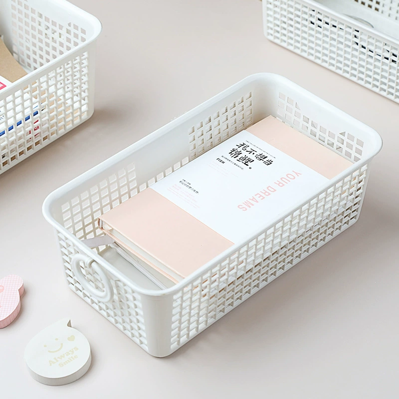 Desktop double-handle storage basket, plastic hollow long square organizer, 23.2×12.4×7.9 cm