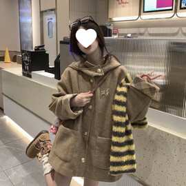 2026秋冬季新款格纹拼接毛呢夹棉大衣女韩系甜美百搭保暖风衣外套