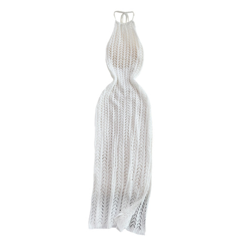 Summer Women's Sexy Slim-fit Sheath Dress with Neckline, Mid-length Slit Backless Sleeveless Hollow-out Knitted Dress