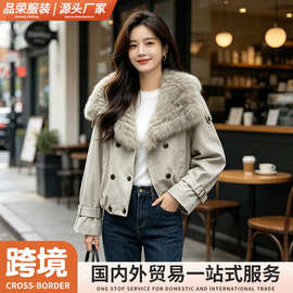 跨境翻领仿狐狸毛皮草外套女冬季年轻款牛仔夹克派克服大衣