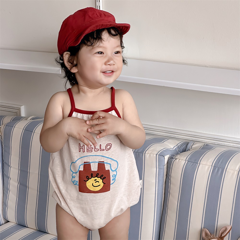 Verano coreano estilo ins diseño de nicho estilo delgado letras de dibujos animados bebé sin mangas 0-2 años cabestrillo fuera mamelucos
