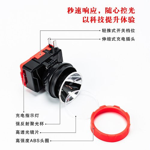 Strong LED headlight retractable plug rechargeable home outdoor fishing long-range construction site mining lamp super bright