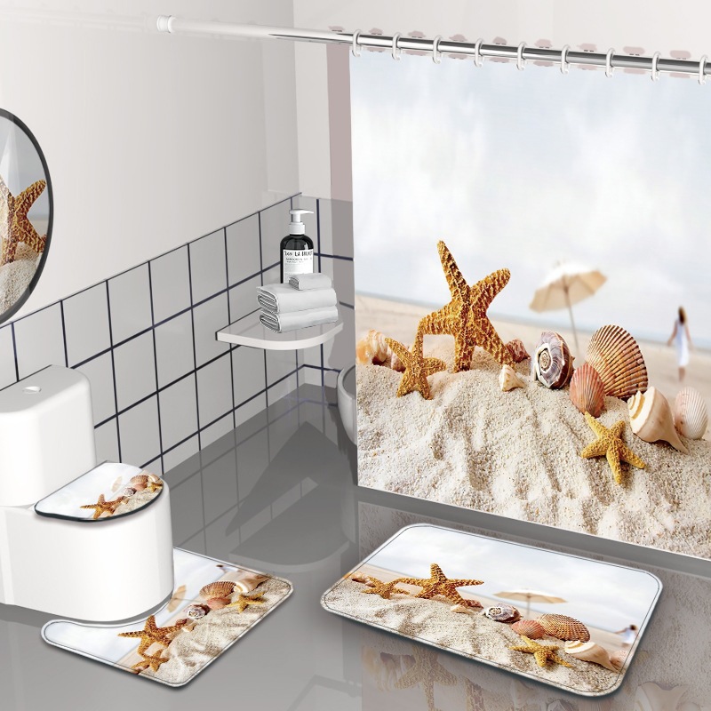 Impresión digital de ondas cortina de baño sin agujeros partición de baño cortina impermeable baño cuatro piezas conjunto de dibujo se puede fijar image 8