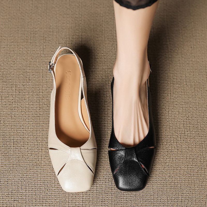 Sandal nữ mũi vuông da cừu hở mũi gót vừa dày — đen