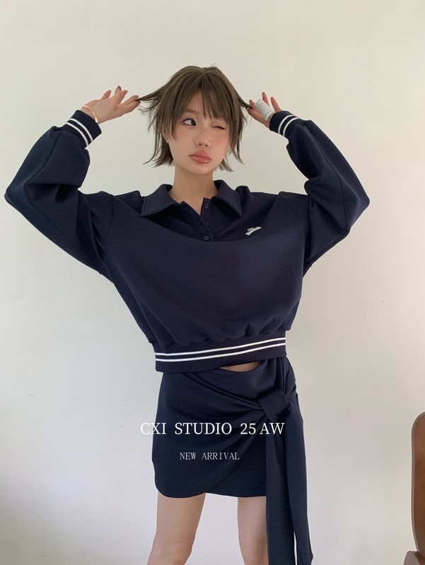 CXI 柏林少女polo领上衣半身裙两件套针织套装休闲宽松卫衣短裙|undefined