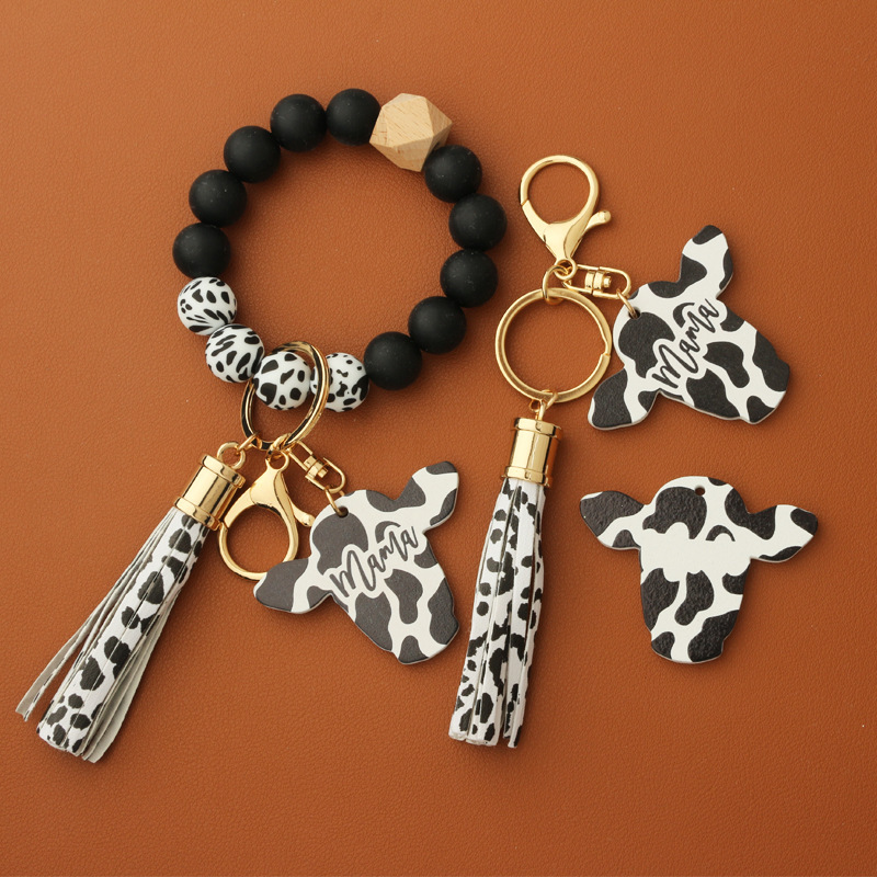 Autumn new cross-border MAMA wood chip cow head western style keychain men's silicone bead bracelet Autumn new cross-border MAMA wood chip cow head western style keychain men's silicone bead bracelet