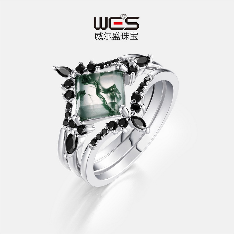 Anillo de ágata de hierba de agua natural geométrica transfronteriza S925 con incrustaciones de plata, anillo de piedra de musgo verde apilado