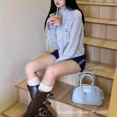 韩系灰色翻领毛衣外套女秋季宽松慵懒显瘦小个子休闲长袖针织开