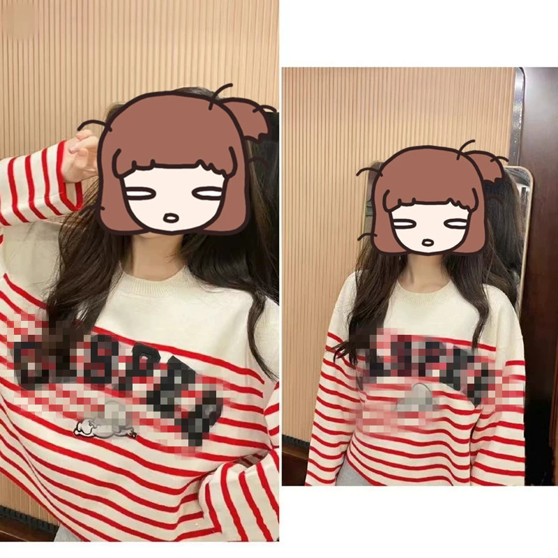 Свободный короткий свитер в полоску с вышивкой эльфа и круглым вырезом Чжао Руси, трикотажная рубашка