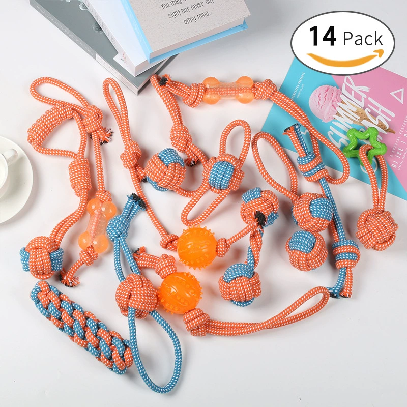 Самый популярный набор игрушек для собак Amazon, веревочный узел, плетеный мяч, устойчивый к прорезыванию зубов и укусам, игрушка из хлопковой веревки для собак малых и средних размеров.