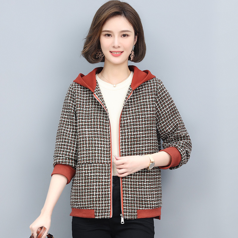 Hooded plaid long-sleeved short coat plus size middle-aged and elderly mothers women's clothing 2022 autumn one-piece delivery 9096 Hooded plaid long-sleeved short coat plus size middle-aged and elderly mothers women's clothing 2022 autumn one-piece delivery 9096