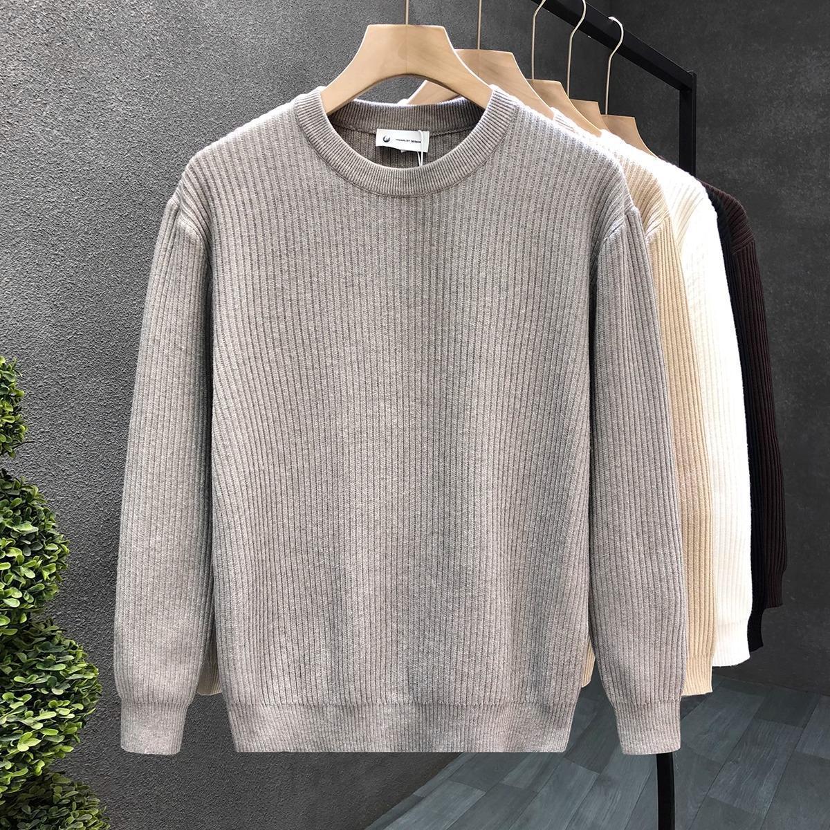 Dickes Herren-Basisschicht-Pullover, schlichtes Design, aprikosenfarben, vielseitige Innenschicht, hellgrau-weißer, trendiger Pullover_voghion.com