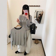 早秋新款小马刺绣条纹慵懒风宽松显瘦百搭长袖女上衣休闲气质T恤