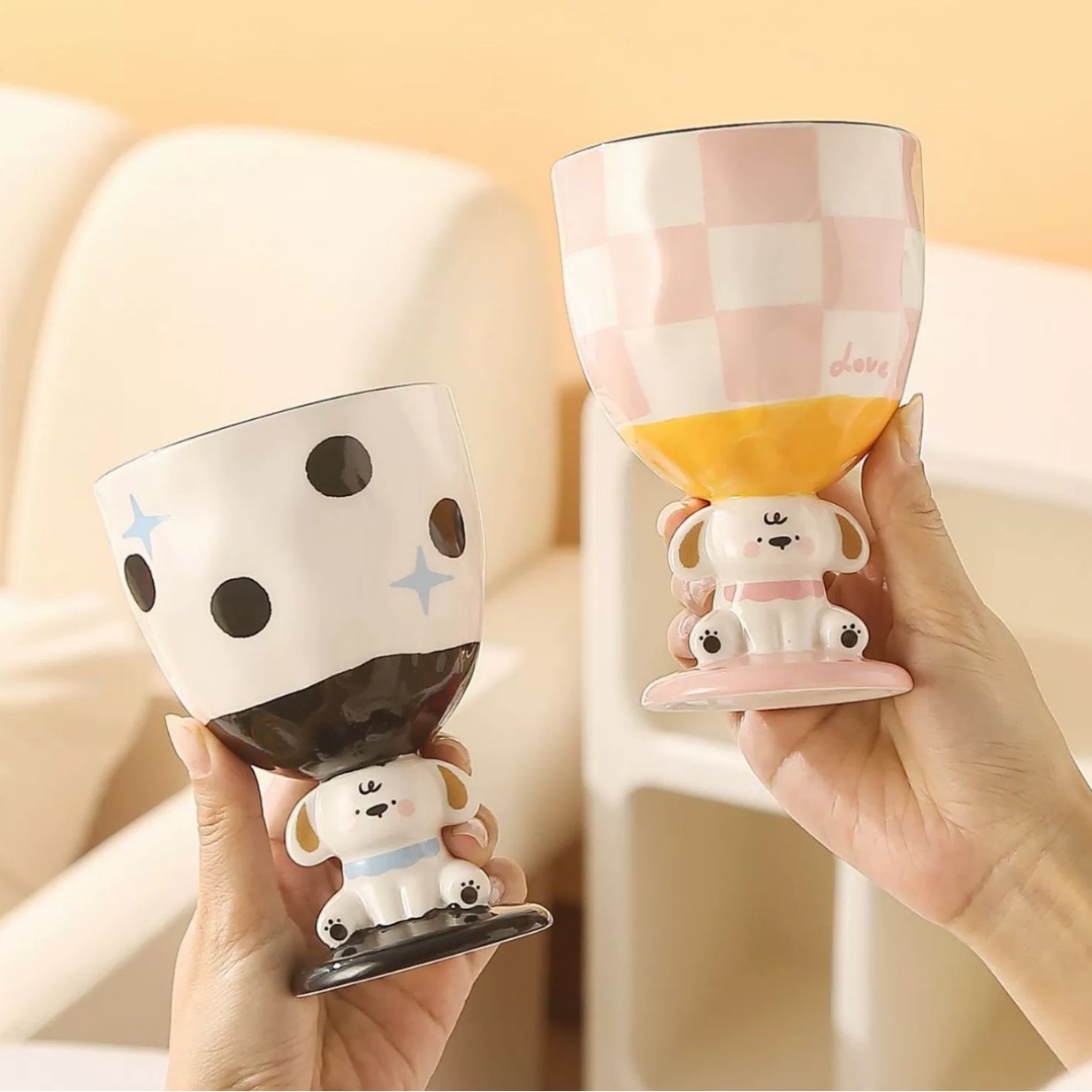 Caricatura creativa encantadora dibujada a mano tridimensional cachorro taza de pie alto helado de alto valor de cara bebida fría taza de cerámica taza de regalo