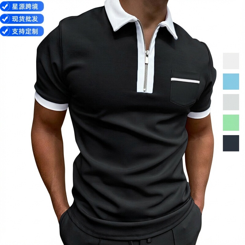 Independent Website Ebay Foreign Trade Cross-Border European and American Men's Clothing Lapel Fashion Slim Fit Pocket Men's T-Shirt Polo Shirt Short Sleeve
