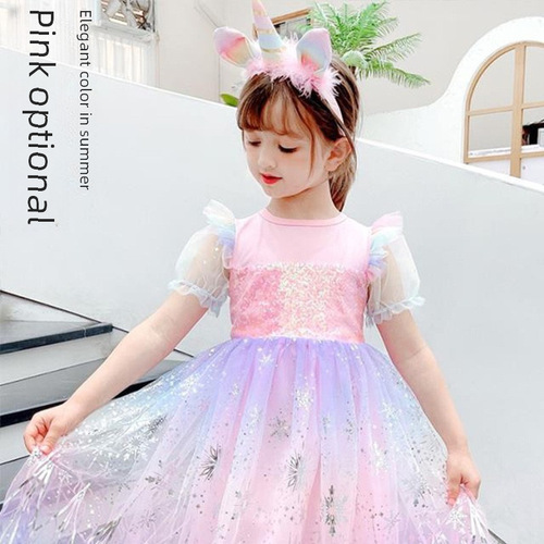 Princess Elsa's Dress for Girls, Elsa 2024 New Children's Stylish Dress, Short Sleeve Summer Princess Dress, Summer Girls Dress