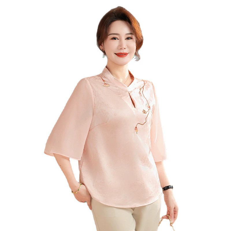 Летняя одежда для мам среднего и пожилого возраста, топы с рукавами три четверти в китайском стиле, модные женские футболки с половиной рукавов из искусственного шелка для тещи и дам.