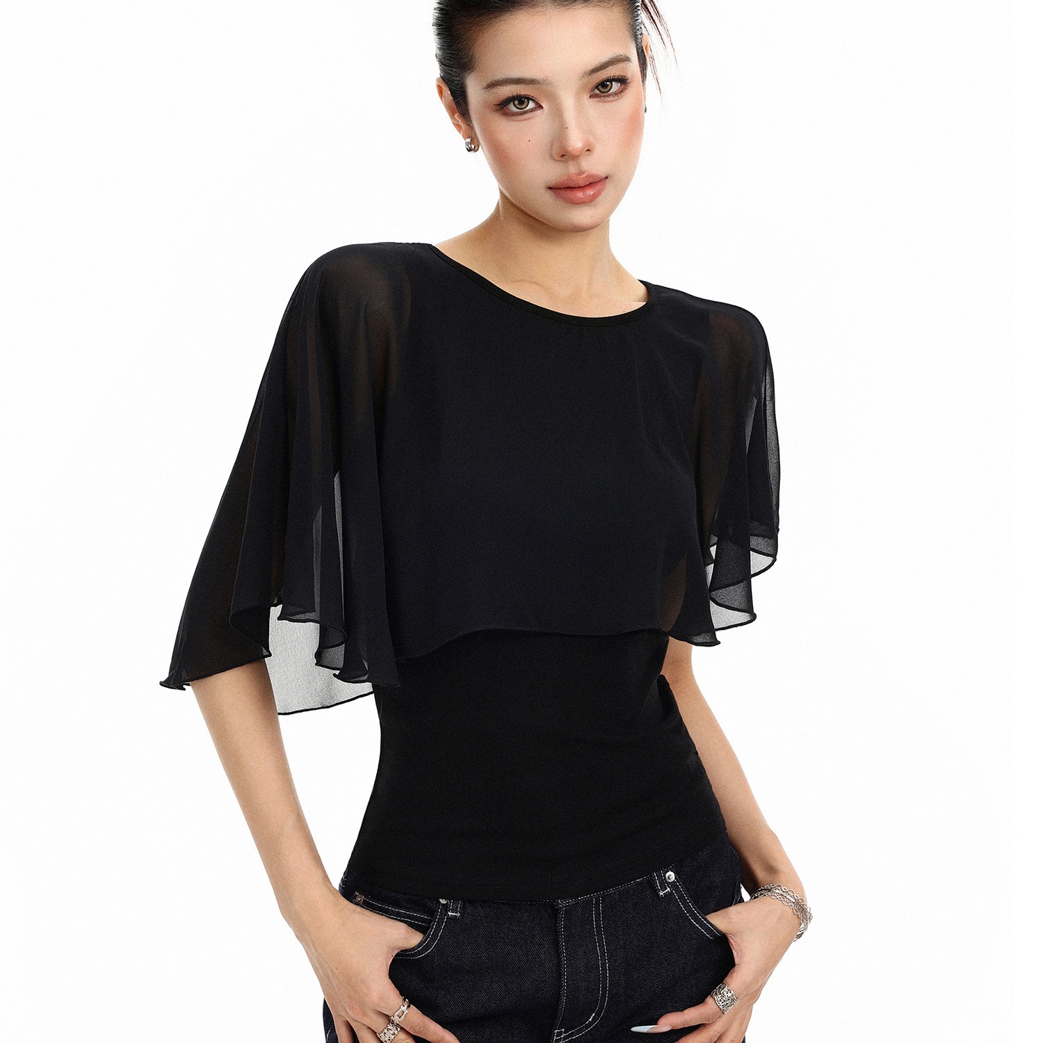 Zy630 Patchwork Fake Two-Piece Ruffled Short-Sleeve T-Shirt for Women, Summer Korean Style Slim Fit Versatile Elegant Slimming Top