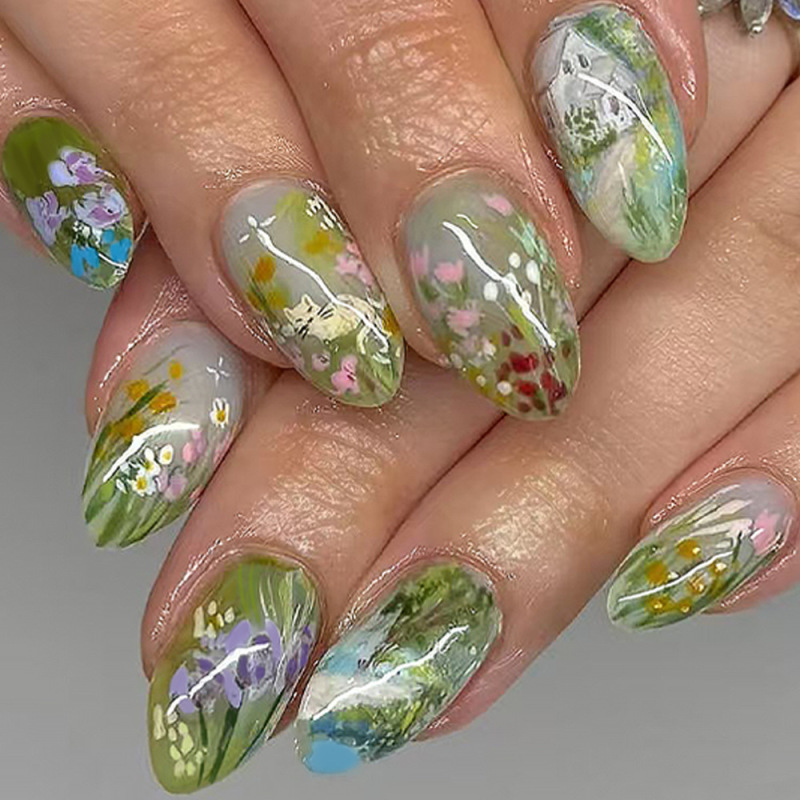 Spring and Summer Wizard of oz Floral Pastoral Style Wearable Nail Art Oil Painting Style Fake Nails Cross-Border Green Nail Art Spring and Summer Wizard of oz Floral Pastoral Style Wearable Nail Art Oil Painting Style Fake Nails Cross-Border Green Nail Art