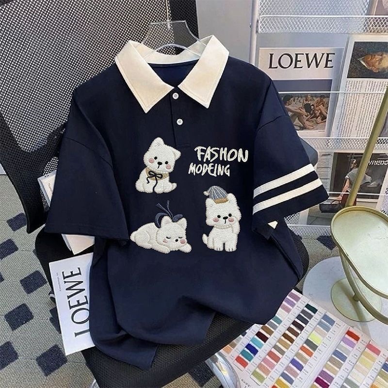 Girls' Polo Collar Short-Sleeve T-Shirt, 2026 New Style, Color Block Lapel, Thin Cartoon Style, Suitable for Medium and Large Children