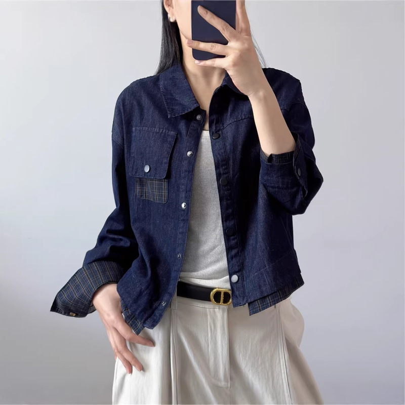 Plaid Denim Shirt 2026 Spring New Style Korean Fashion Lapel Long-Sleeved Top Personalized Cardigan for Women 1161