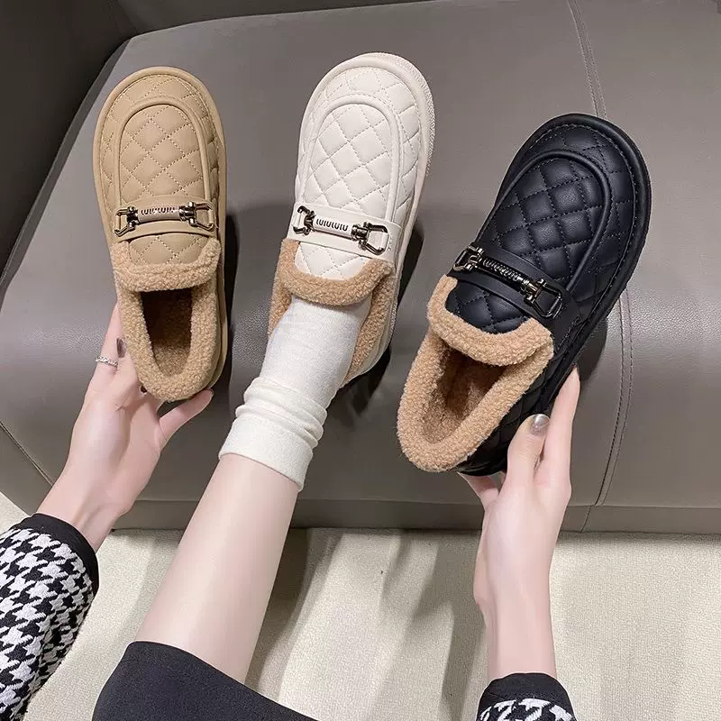 新款棉鞋女2024冬季新款一脚蹬保暖加绒单鞋面包鞋平底鞋毛毛鞋女