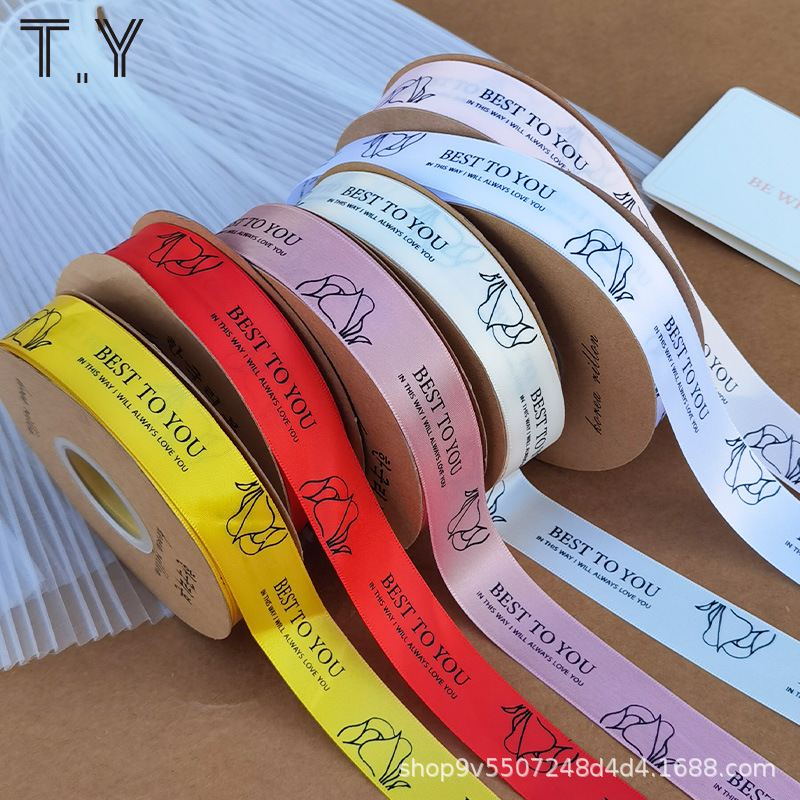 2.5cm玫瑰物语印刷涤纶带鲜花包装丝带花束绑带花店用品材料英文